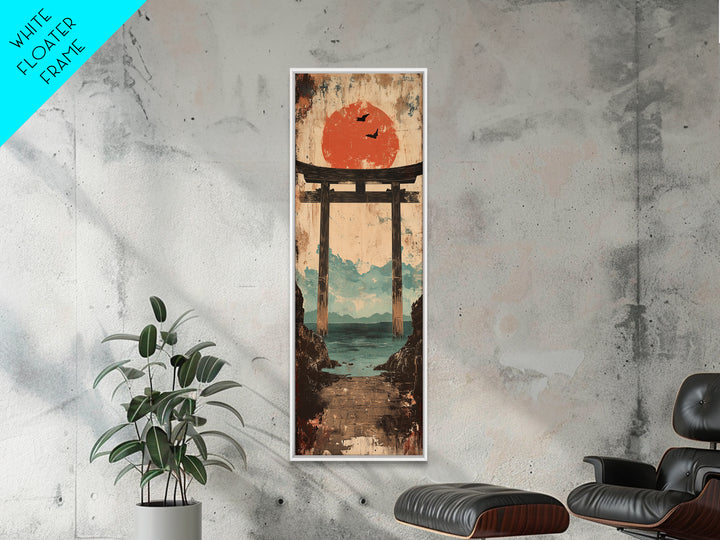 Red Sun Torii Gate Over Sea Framed Canvas Print, Japanese Wall Art, Coastal Landscape, Zen Home Decor, Entryway Wall Decor