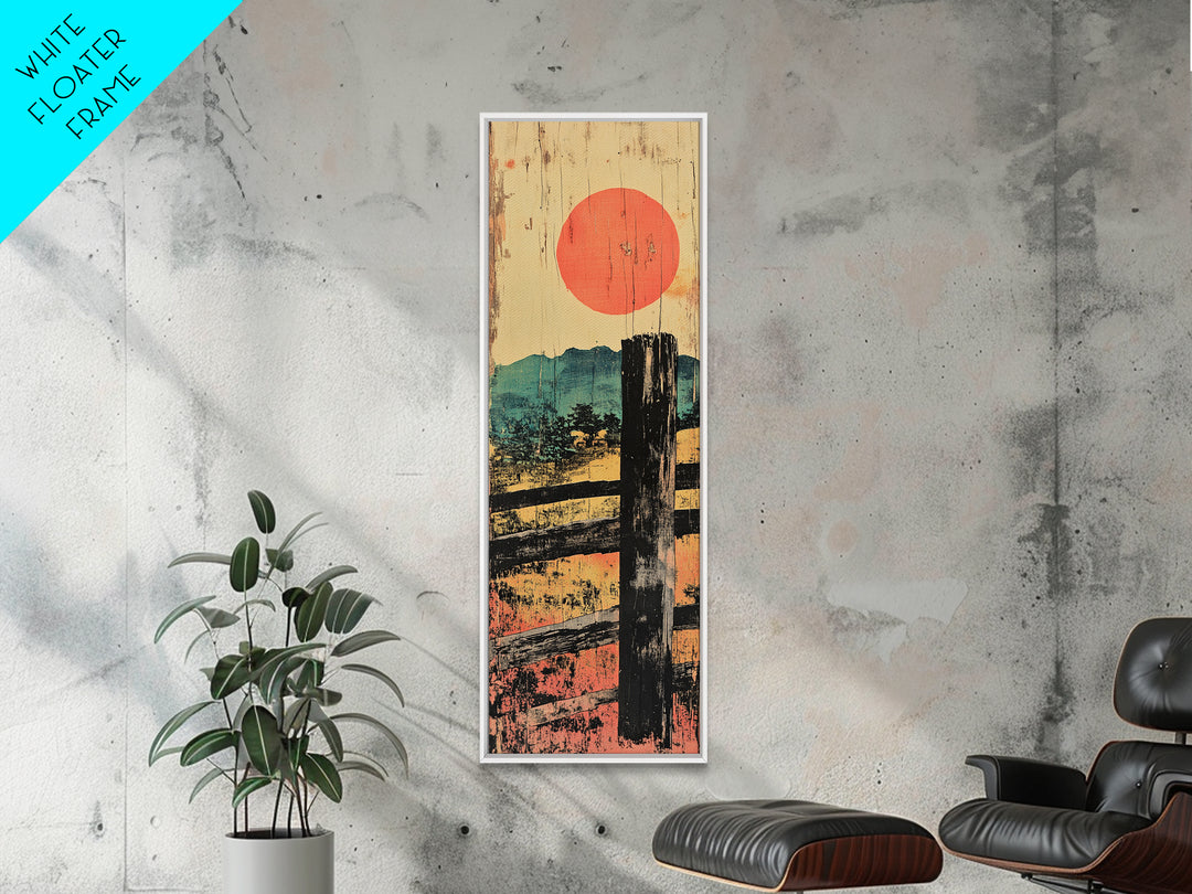 Rustic Fence And Red Sun Canvas Print, Japanese Countryside Landscape Wall Art, Japandi Decor, Earth Tone Living Room Art