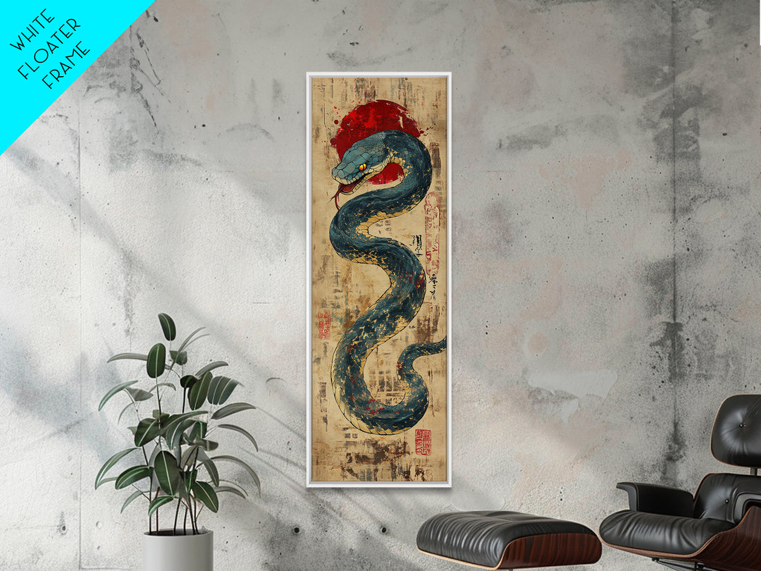 Blue Serpent With Red Sun Wall Art, Japanese Snake Illustration, Ukiyo-E Style Canvas Print, Mystical Asian Wall Decor, Office Decor