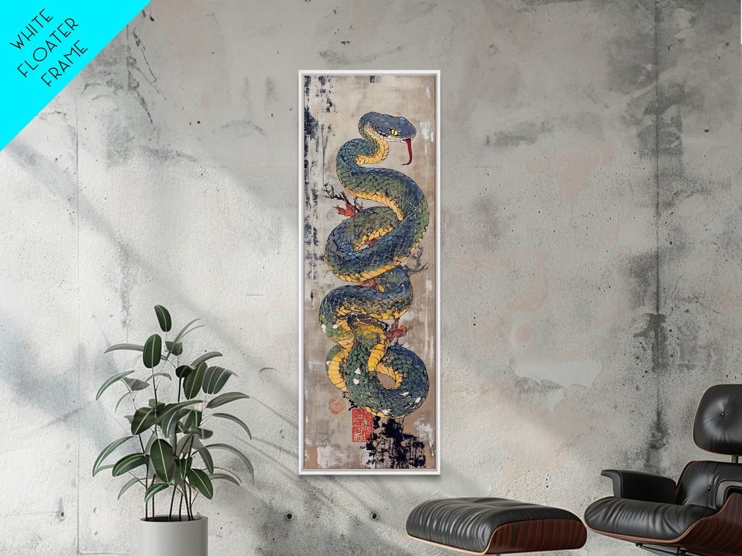 Coiled Blue Viper Snake Canvas Print, Japanese Animal Wall Art, Ukiyo-E Serpent Poster, Dark Academia Office Wall Decor Print
