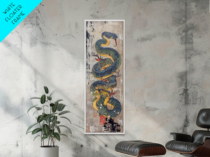 Coiled Blue Viper Snake Canvas Print, Japanese Animal Wall Art, Ukiyo-E Serpent Poster, Dark Academia Office Wall Decor Print