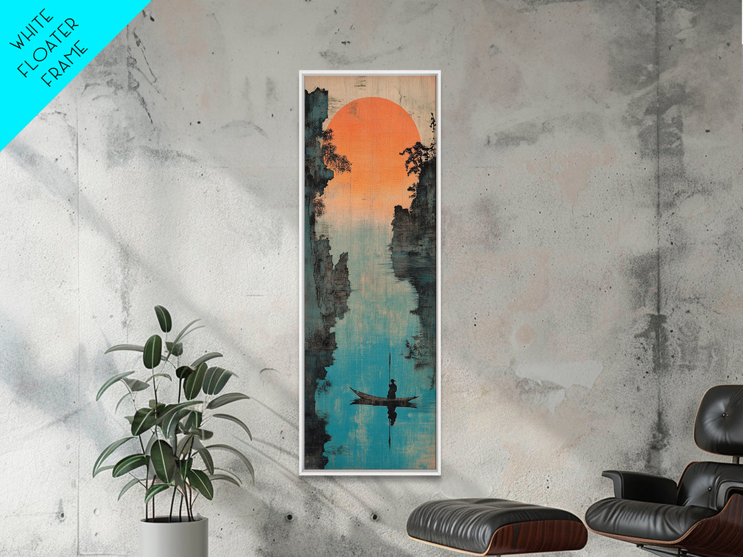 Misty River Canyon With Orange Sun Wall Art, Asian Landscape Canvas Print, Serene Fisherman Boat Framed Canvas Print Wall Decor
