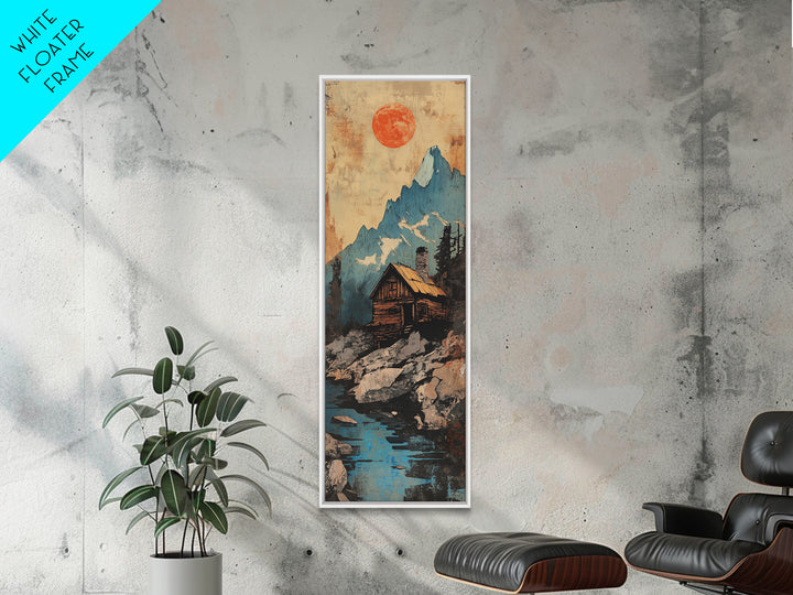 Alpine Cabin Below Blue Mountain Wall Art, Rustic Landscape Canvas Print, Red Sun Nature Decor, Framed Canvas Print For Cabin Living Room