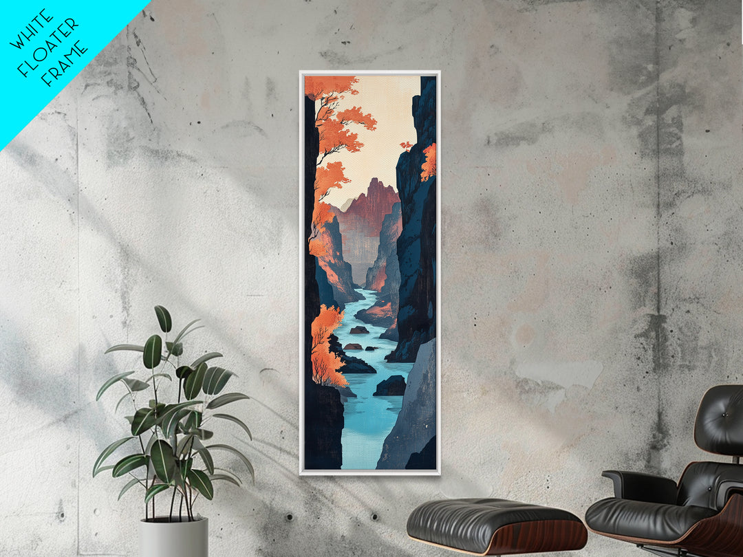 Autumn Canyon River Canvas Print, Japanese Landscape Wall Art, Orange Fall Trees, Moody Mountain Decor, Long Narrow Print