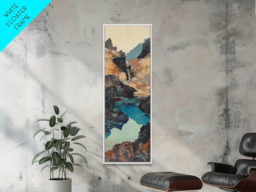 Turquoise Canyon Waterfall Framed Canvas Print, Mountain River Wall Art, Rustic Nature Decor, Japandi Long Narrow Wall Art