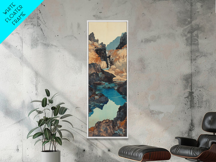 Turquoise Canyon Waterfall Framed Canvas Print, Mountain River Wall Art, Rustic Nature Decor, Japandi Long Narrow Wall Art