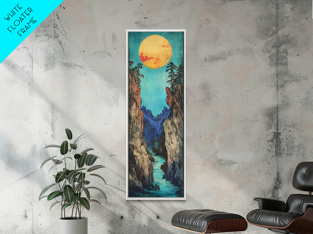 Turquoise Canyon River And Golden Sun Wall Art, Japanese Landscape Print, Japandi Wall Decor, Tall Canvas Art For Entryway