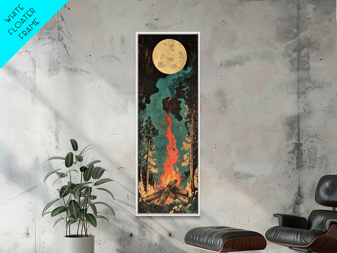 Full Moon Campfire Forest Wall Art, Dark Pine Woodland Canvas, Cozy Cabin Decor, Rustic Nature Print, Lodge Gift For Him