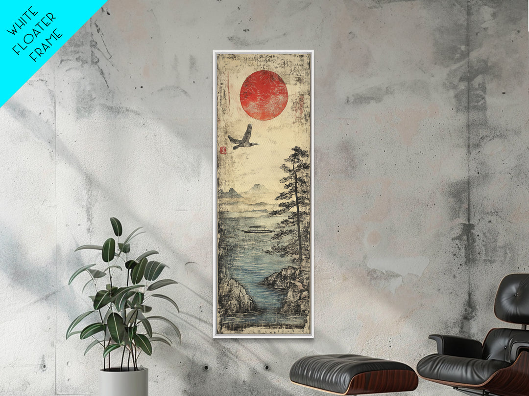 Red Sun Over Misty Coastal Lake Wall Art, Japanese Landscape Print, Crane Bird Scene, Zen Nature Decor For Living Room, Home Decor