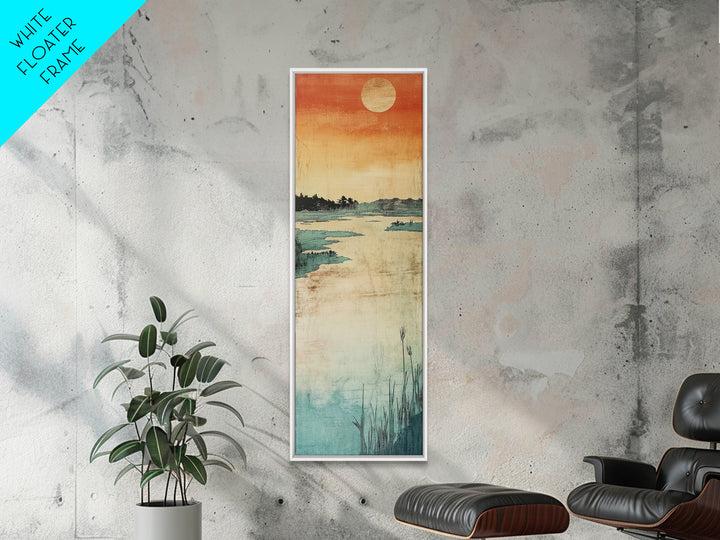 Orange Sunset Marsh Landscape Canvas Print, Minimal Japanese Seascape, Coastal Wall Art, Calm Bedroom Decor, Zen Home Decor
