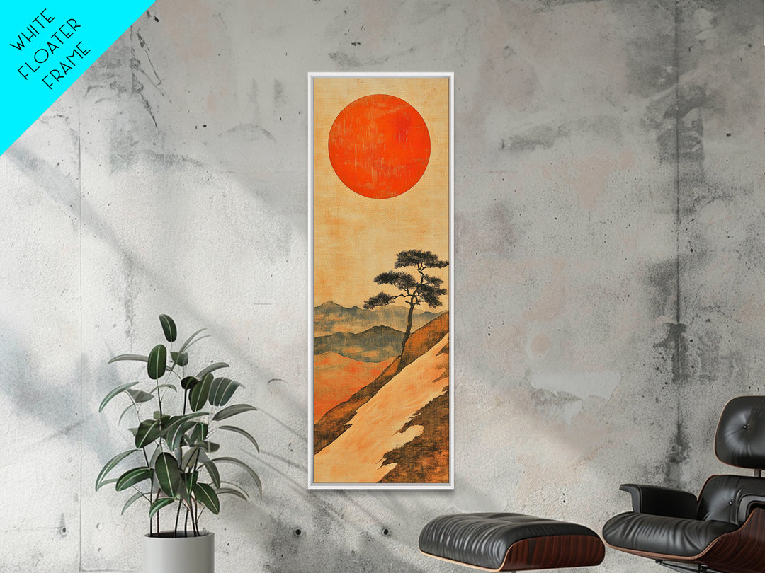 Large Red Sun Over Mountain Ridge Canvas Print, Japanese Landscape Wall Art, Earth Tone Decor, Minimalist Nature Art Print
