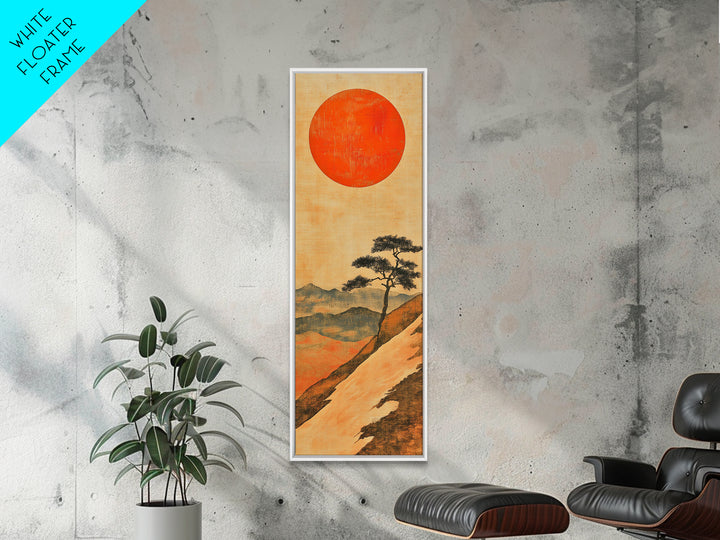Large Red Sun Over Mountain Ridge Canvas Print, Japanese Landscape Wall Art, Earth Tone Decor, Minimalist Nature Art Print