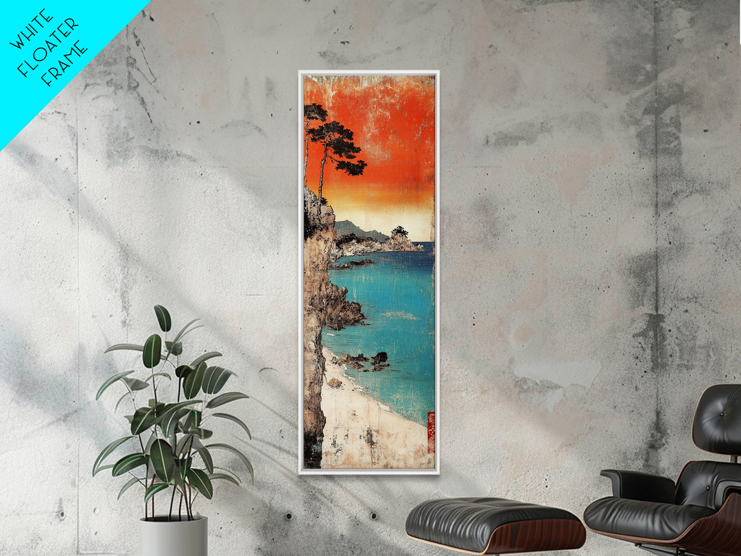 Turquoise Cove And Cliffside Sunset Large Canvas Print, Japanese Coastal Wall Art, Beach House Decor, Vibrant Ocean Art Print