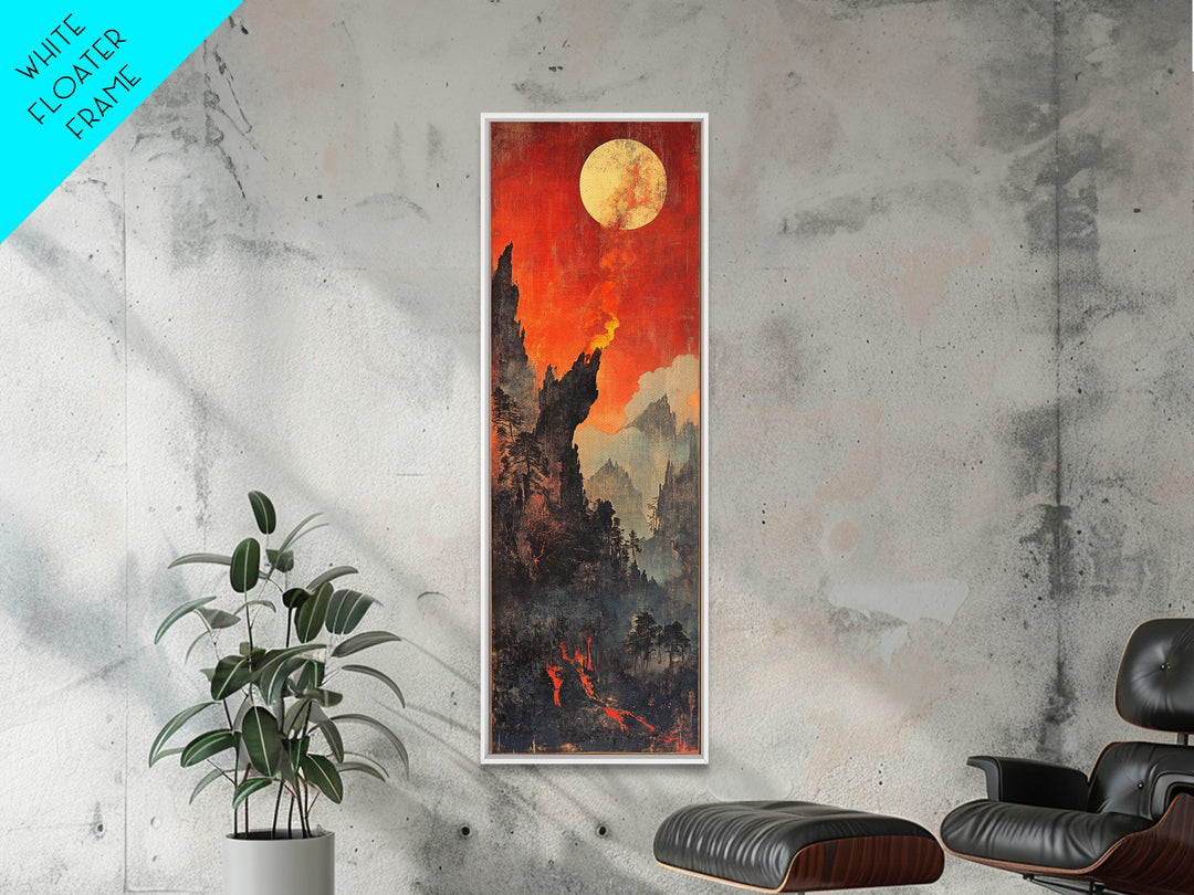 Fiery Moonlit Mountain Landscape Framed Canvas Print, Japanese Fantasy Wall Art, Moody Rustic Decor, Dramatic Nature Art