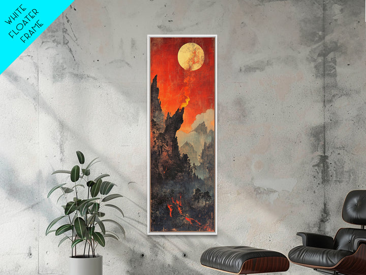 Fiery Moonlit Mountain Landscape Framed Canvas Print, Japanese Fantasy Wall Art, Moody Rustic Decor, Dramatic Nature Art