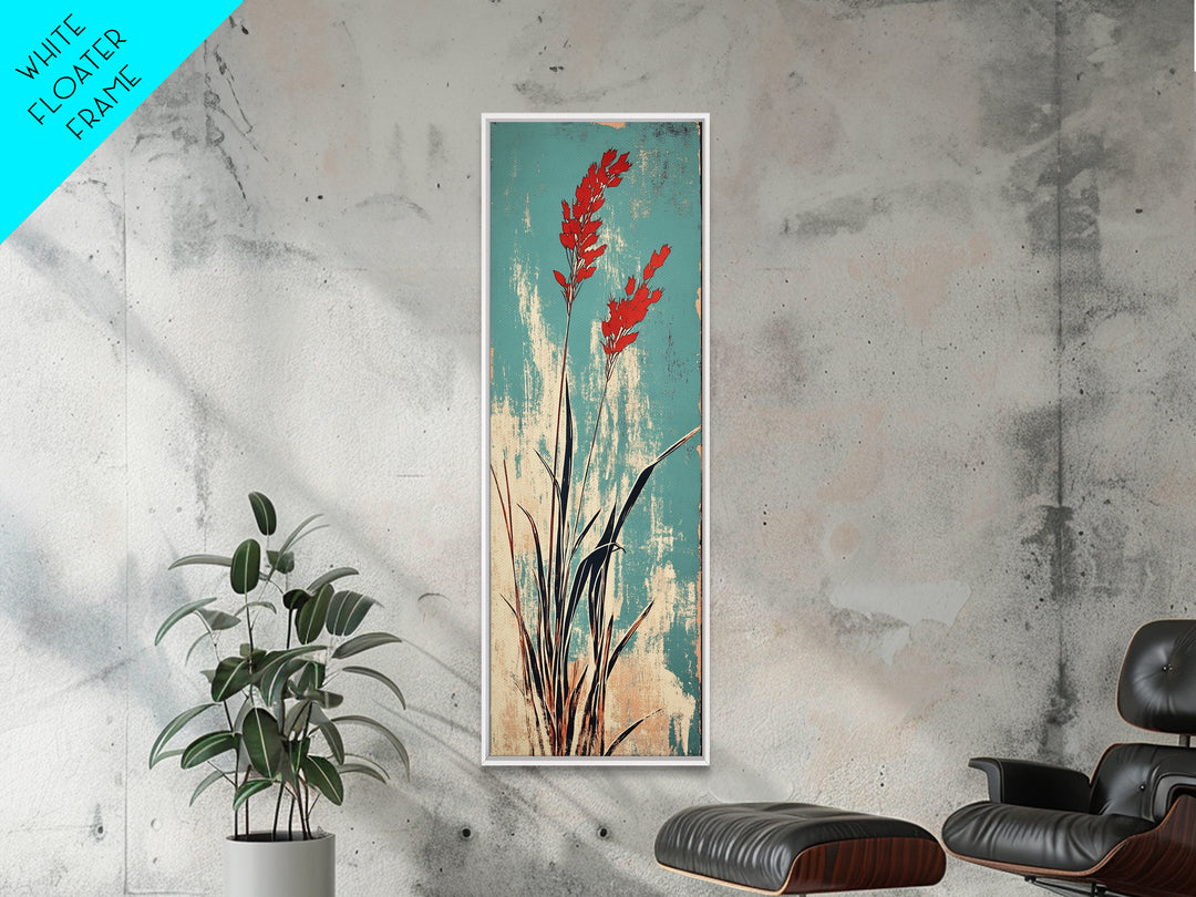 Red Coastal Grass Stems On Aqua Canvas Print, Japanese Botanical Wall Art, Minimalist Nature Decor, Modern Japandi Art Print