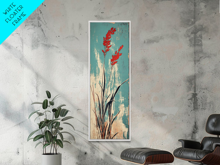 Red Coastal Grass Stems On Aqua Canvas Print, Japanese Botanical Wall Art, Minimalist Nature Decor, Modern Japandi Art Print