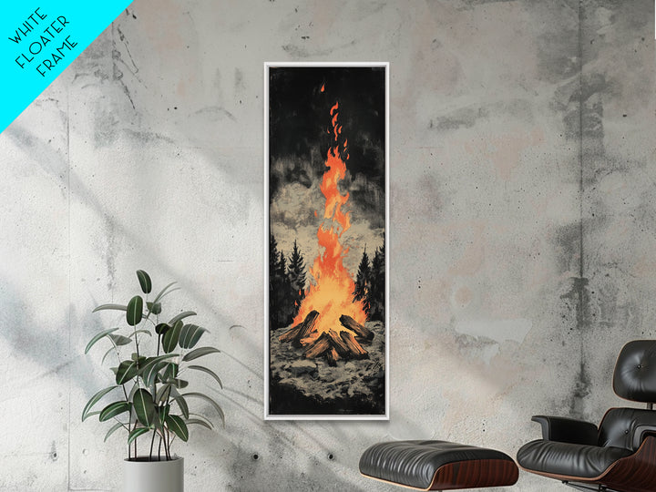 Glowing Campfire In Dark Pine Forest Framed Canvas Print, Rustic Cabin Wall Art, Cozy Lodge Decor, Moody Nature Art Print