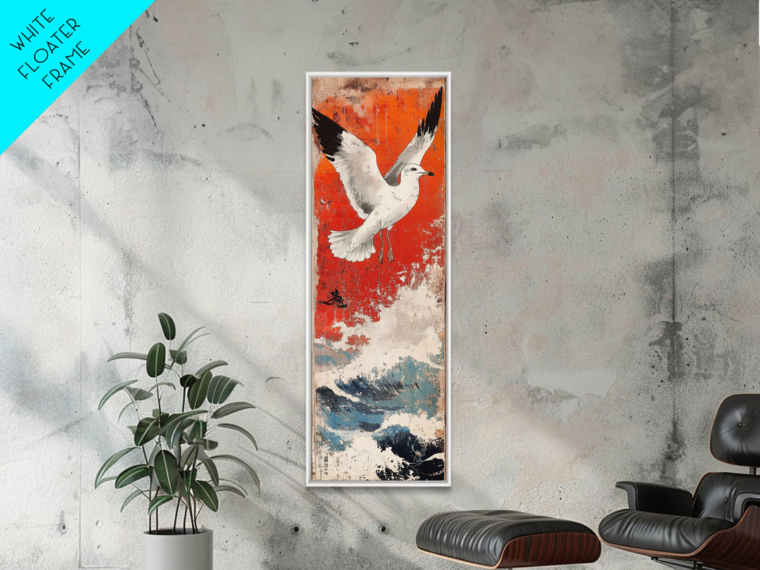 White Seagull Flying Over Ocean Waves Large Wall Art, Japanese Coastal Print, Nautical Beach House Decor, Seascape Art Print