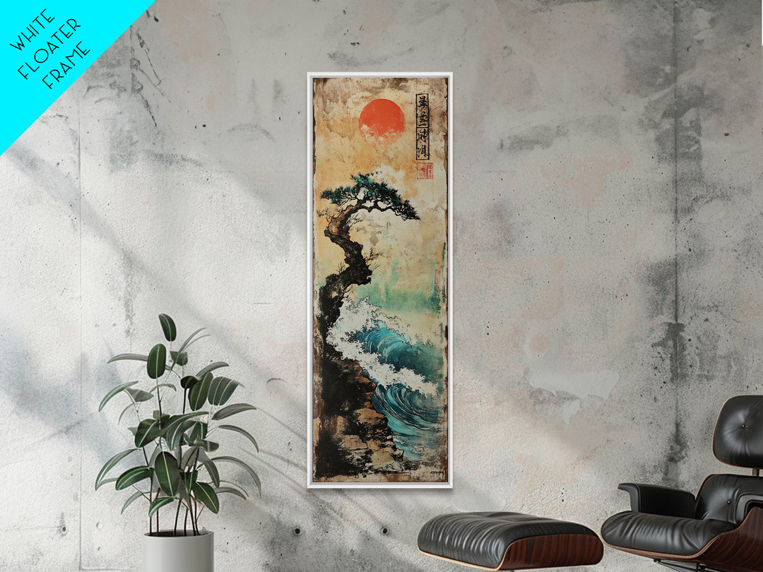 Red Sun Pine Cliff Seascape Wall Art, Japanese Wave Landscape Print, Coastal Zen Decor For Living Room And Office, Modern Home Decor