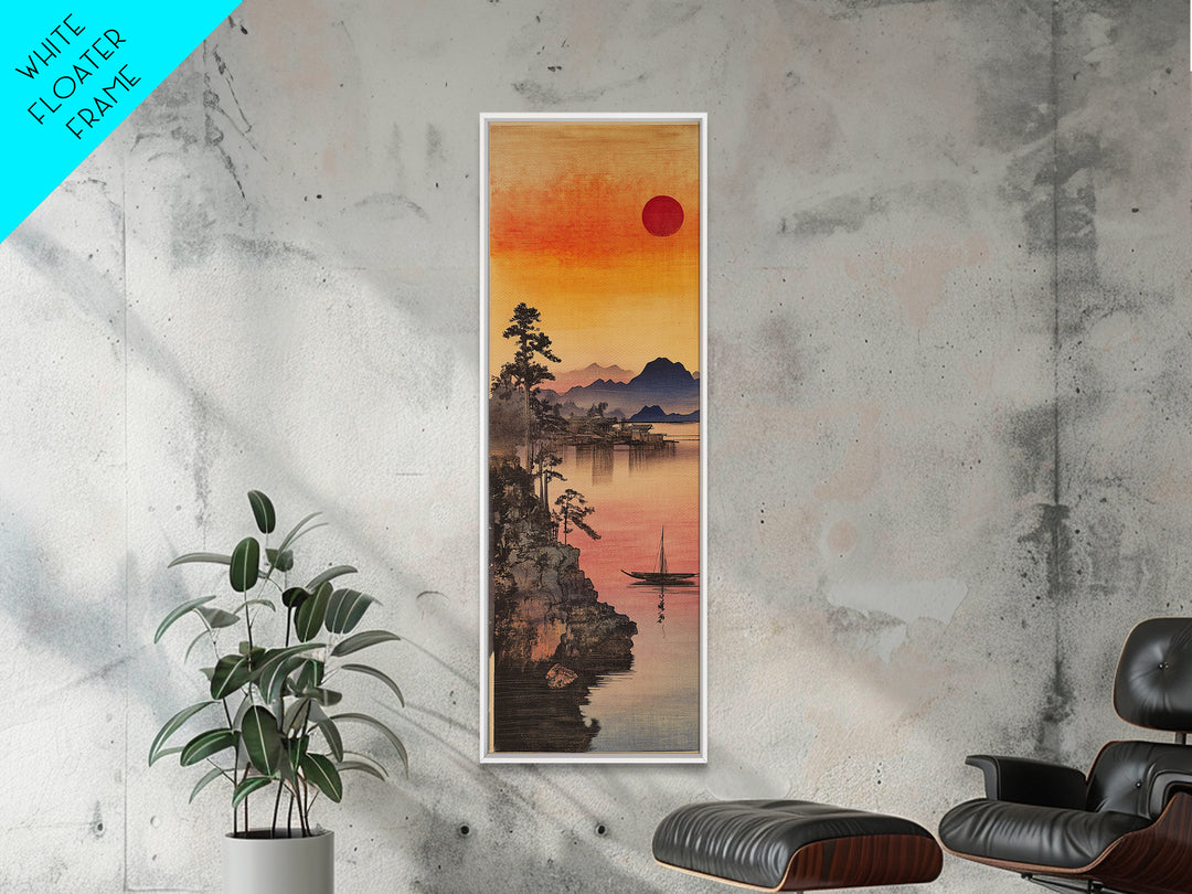 Orange Sunset Lake Mountain Wall Art, Japanese Landscape Print, Serene Nature Decor For Bedroom And Living Room, Framed Canvas Print