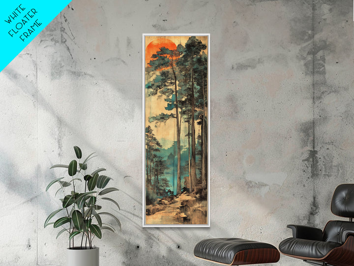 Tall Pine Forest Sunrise Wall Art, Japanese Woodblock Landscape Print, Misty Mountain Nature Decor For Living Room And Office Decor