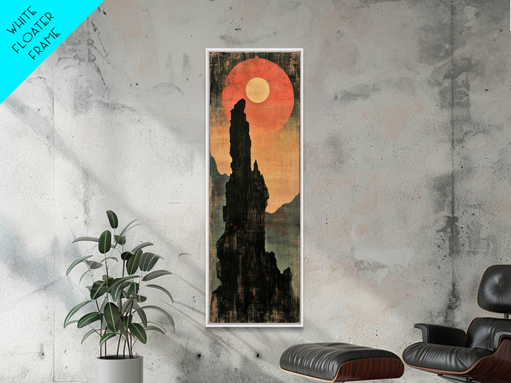 Black Rock Spire Eclipse Wall Art, Moody Japanese Mountain Landscape Print, Dark Academia Decor For Modern Living Room, Canvas Print