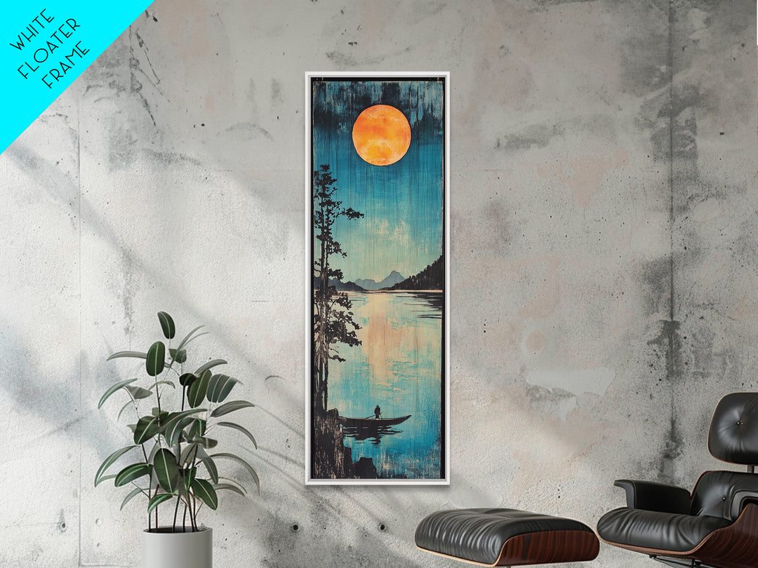 Orange Full Moon Over Mountain Lake Canvas Print, Serene Canoe Landscape Art, Japandi Wall Decor, Calming Bedroom Decor Gift