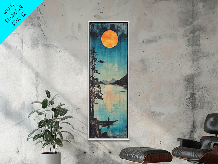 Orange Full Moon Over Mountain Lake Canvas Print, Serene Canoe Landscape Art, Japandi Wall Decor, Calming Bedroom Decor Gift