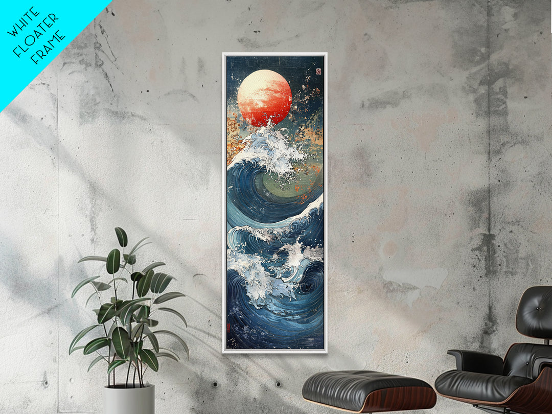 Great Wave With Red Sun Framed Canvas Print, Japanese Wall Art, Ocean Seascape, Nautical Decor, Bold Coastal Gift, Living Room Wall Decor