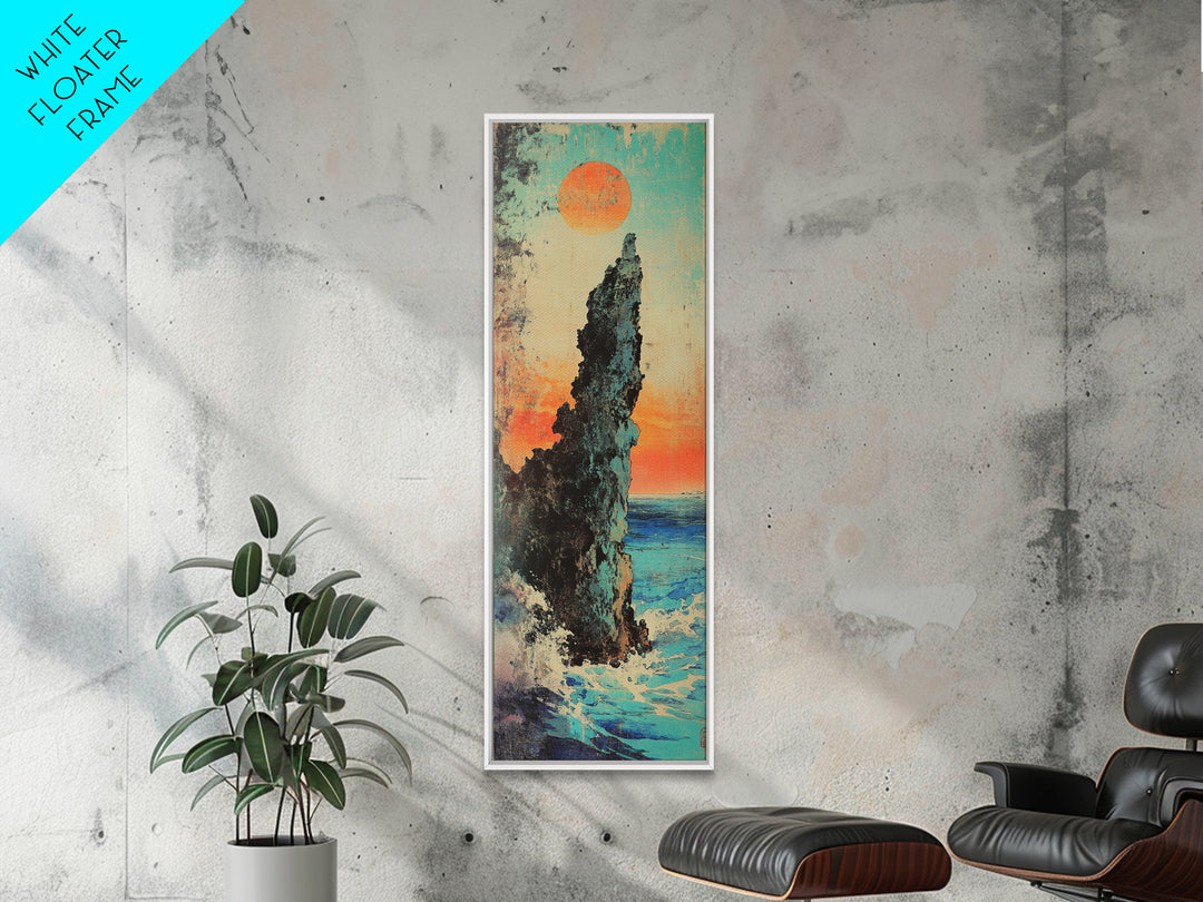 Dramatic Sea Stack At Sunset Wall Art, Japanese Coastal Landscape Print, Ocean Cliff Decor, Tall Narrow Canvas Gift, Living Room Decor