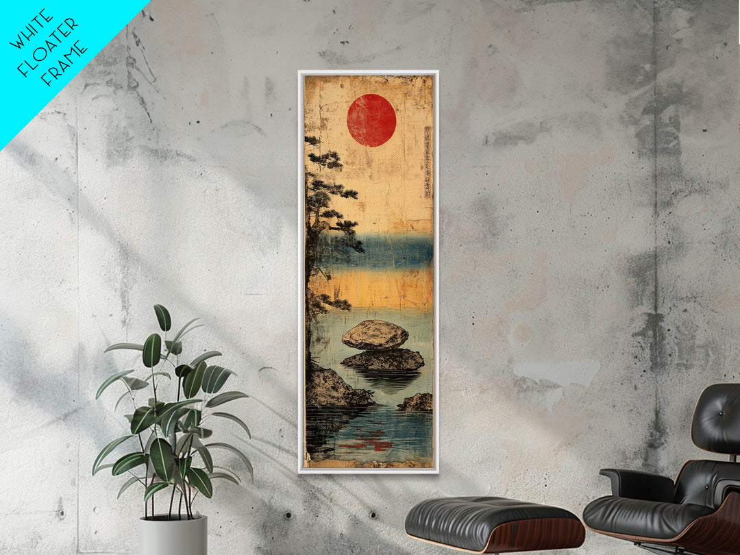 Misty Lake Rocks With Red Sun Wall Art, Japanese Landscape Print, Zen Coastal Decor, Japandi Living Room Wall Decor Gift