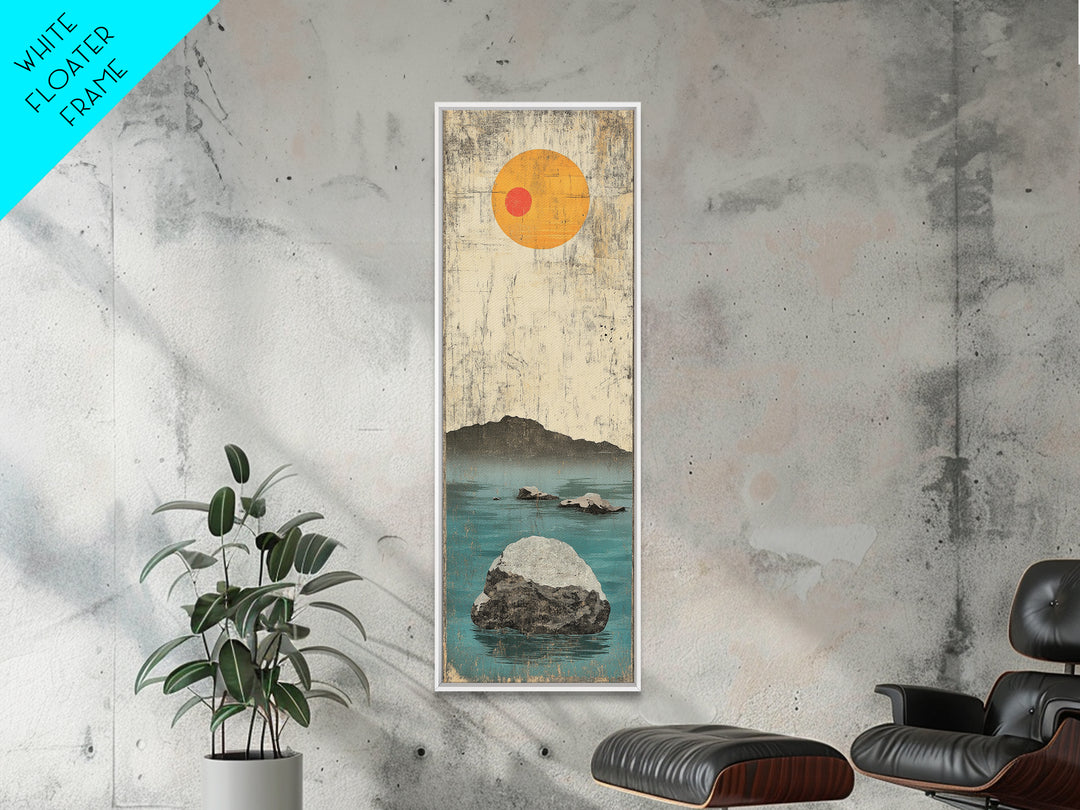 Minimal Ocean Rocks Beneath Yellow Sun Canvas Print, Japanese Seascape Wall Art, Neutral Coastal Decor, Zen Home Decor Gift