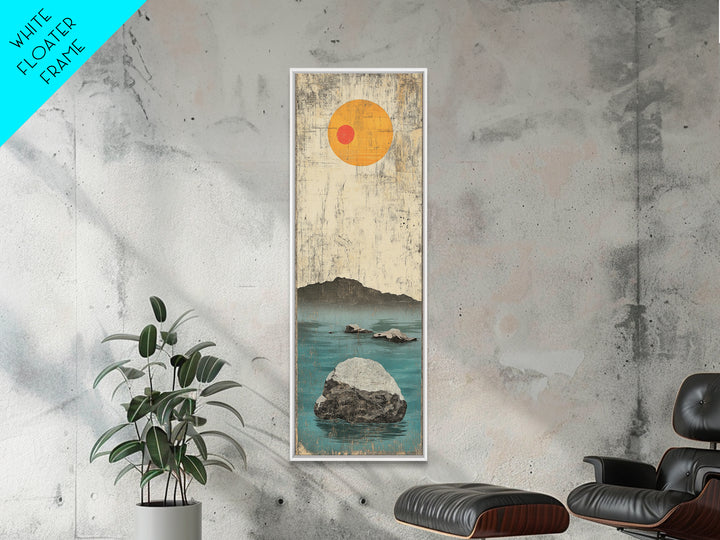 Minimal Ocean Rocks Beneath Yellow Sun Canvas Print, Japanese Seascape Wall Art, Neutral Coastal Decor, Zen Home Decor Gift