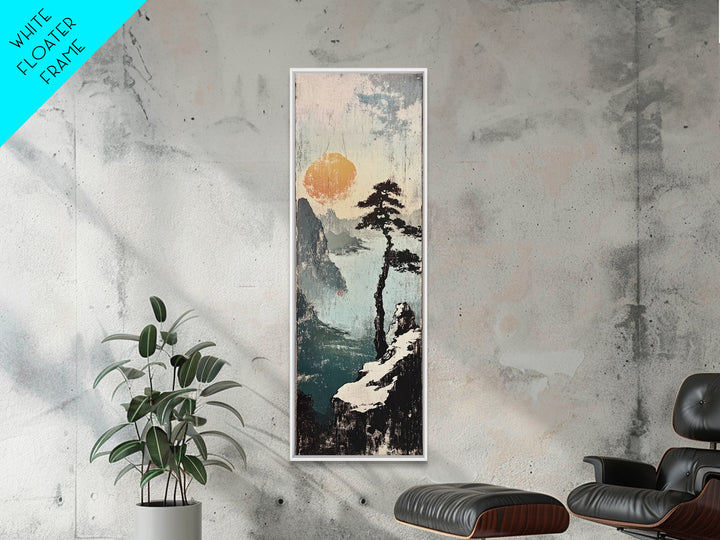 Misty Cliff Pine Lake Canvas Print, Japanese Landscape Wall Art, Neutral Nature Poster, Zen Home Decor, Office Wall Decor