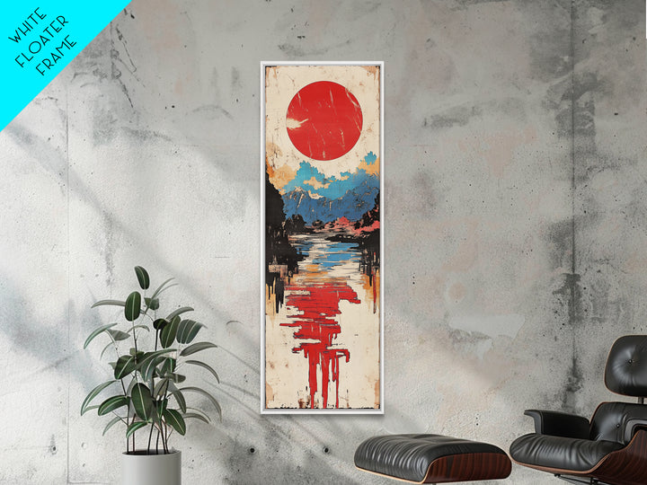 Red Sun Over Reflective Lake Wall Art, Japanese Landscape Print, Modern Coastal Decor, Serene Living Room Canvas Print, Home Decor