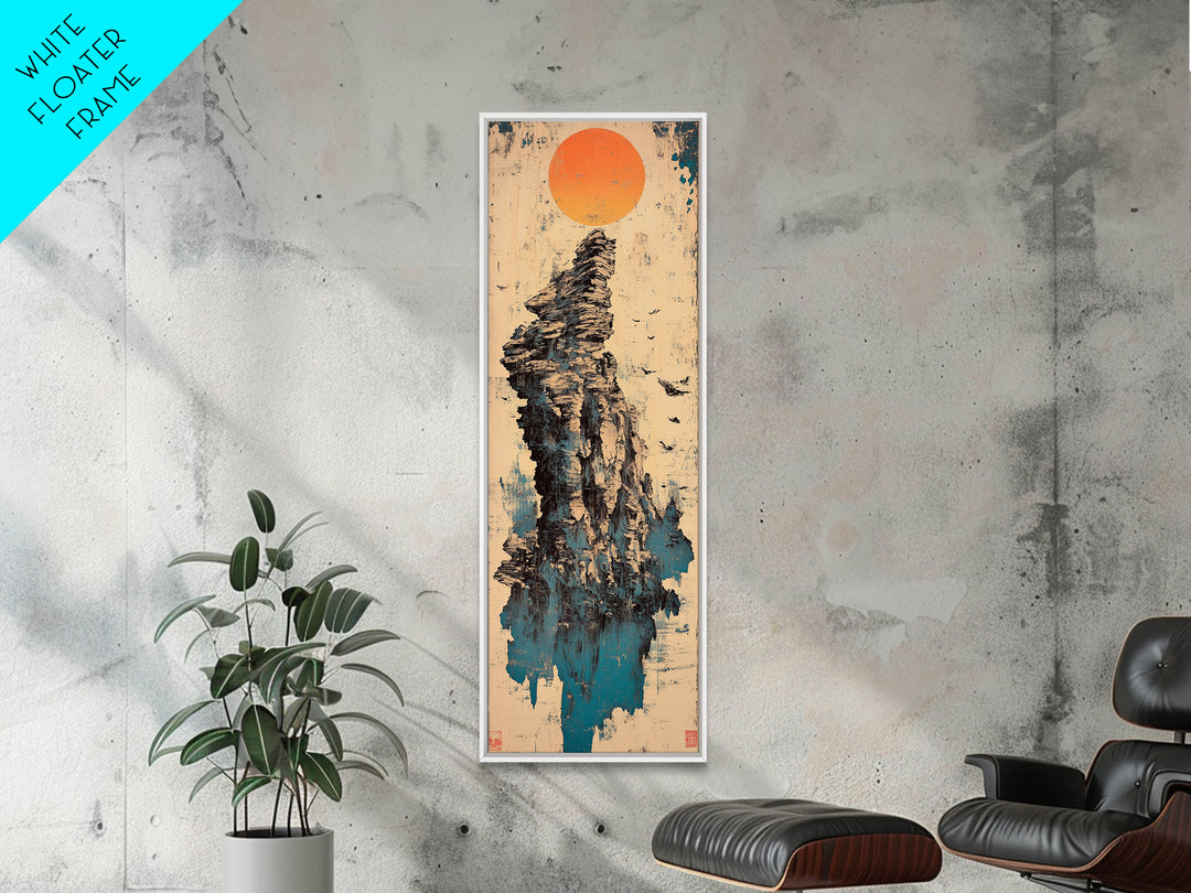 Rocky Sea Stack Under Orange Sun Wall Art, Japanese Landscape Canvas Print, Coastal Nature Decor, Minimalist Home Decor Art