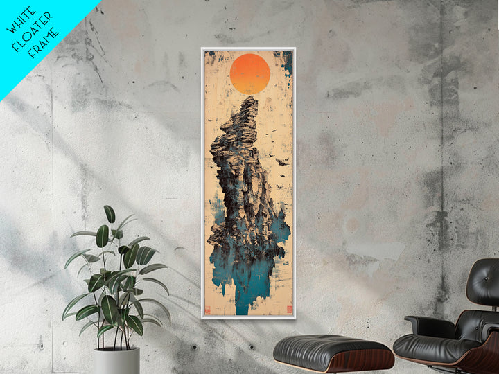 Rocky Sea Stack Under Orange Sun Wall Art, Japanese Landscape Canvas Print, Coastal Nature Decor, Minimalist Home Decor Art