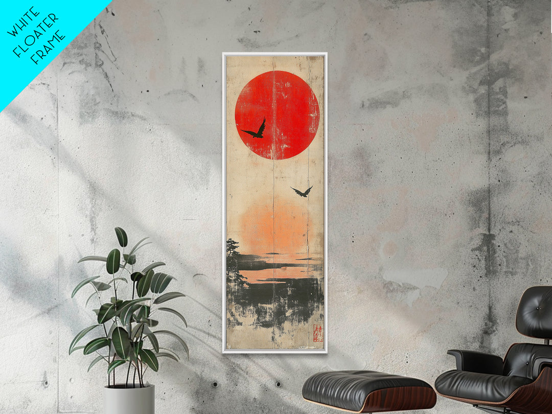 Red Sun And Birds Over Misty Lake Wall Art, Japanese Landscape Print, Minimalist Nature Decor, Serene Canvas Print, Home Decor