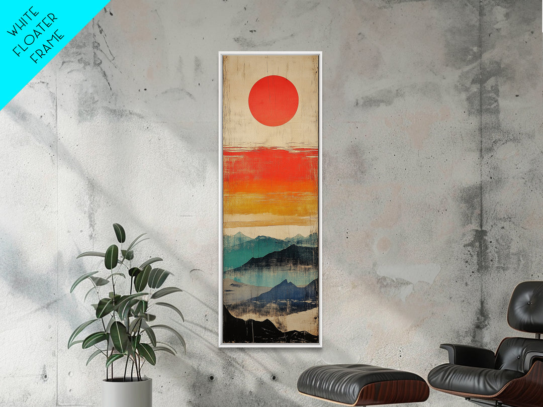 Red Sun Above Layered Blue Mountains Wall Art, Japanese Landscape Canvas Print, Mid Century Decor, Modern Living Room Art