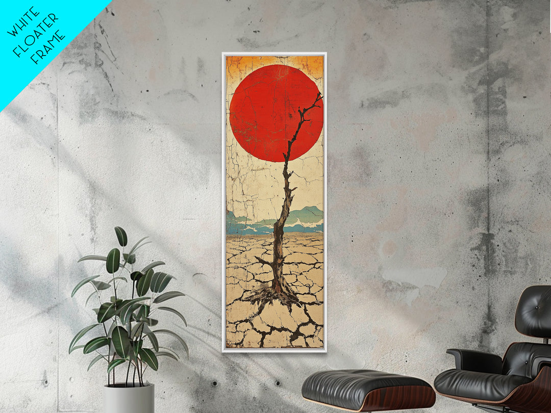 Red Sun Desert Tree Wall Art, Japanese Inspired Landscape Print, Rustic Wabi Sabi Decor, Long Narrow Canvas For Living Room