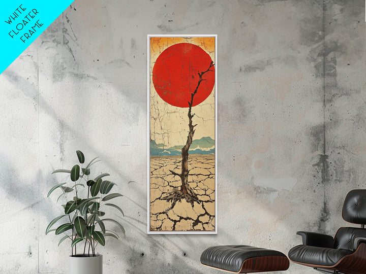 Red Sun Desert Tree Wall Art, Japanese Inspired Landscape Print, Rustic Wabi Sabi Decor, Long Narrow Canvas For Living Room