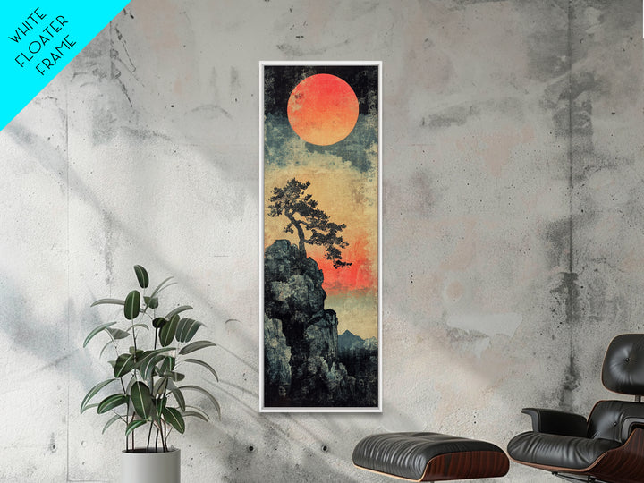 Cliff Pine Red Sun Framed Canvas Print, Japanese Landscape Wall Decor, Moody Nature Art, Vertical Poster For Living Room