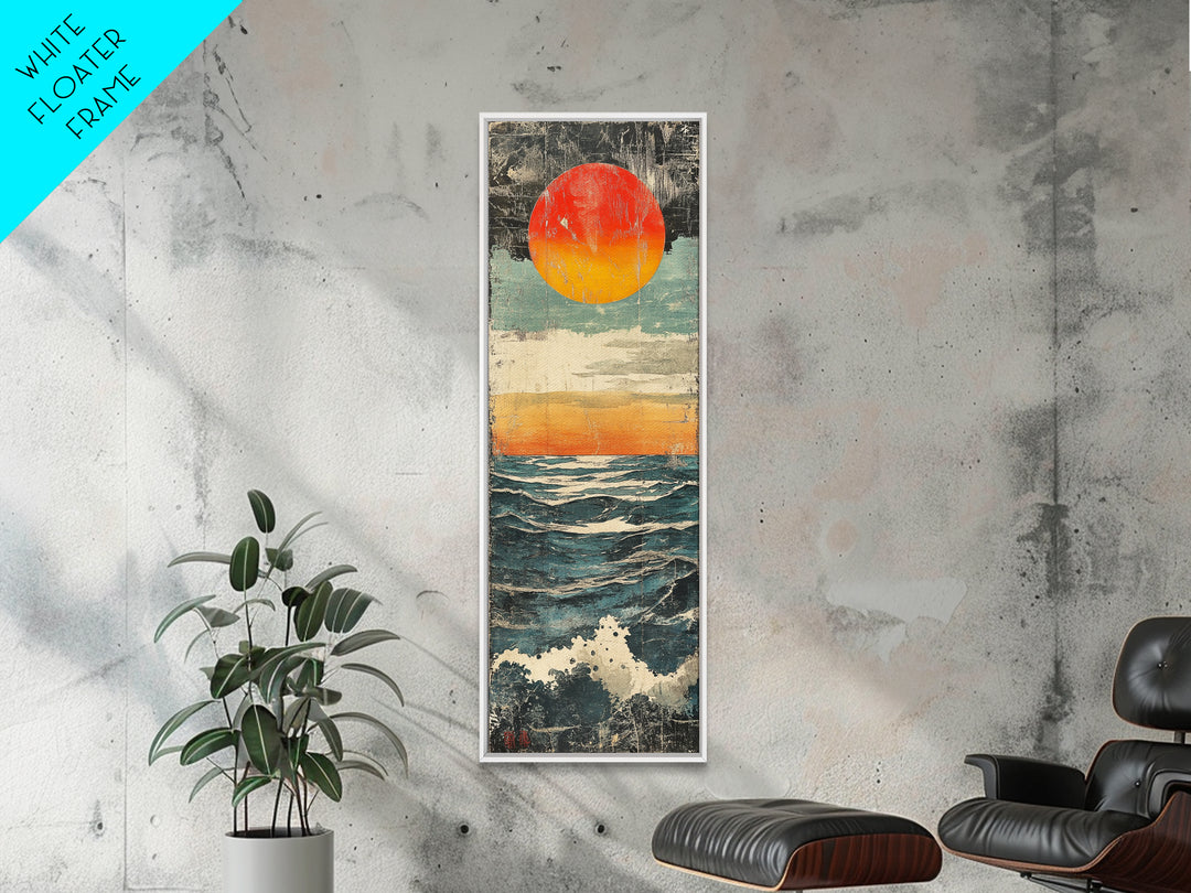 Abstract Ocean Sunset Wall Art, Red Sun Seascape Print, Coastal Wall Decor, Textured Wave Poster For Beach House Living Room