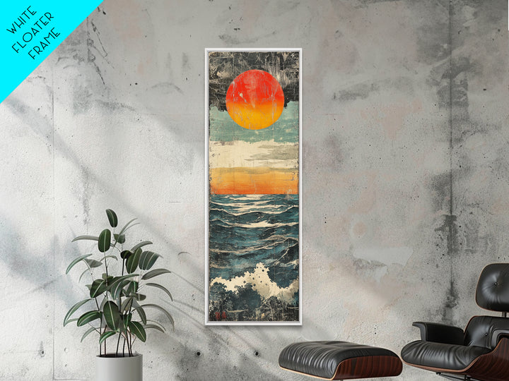 Abstract Ocean Sunset Wall Art, Red Sun Seascape Print, Coastal Wall Decor, Textured Wave Poster For Beach House Living Room