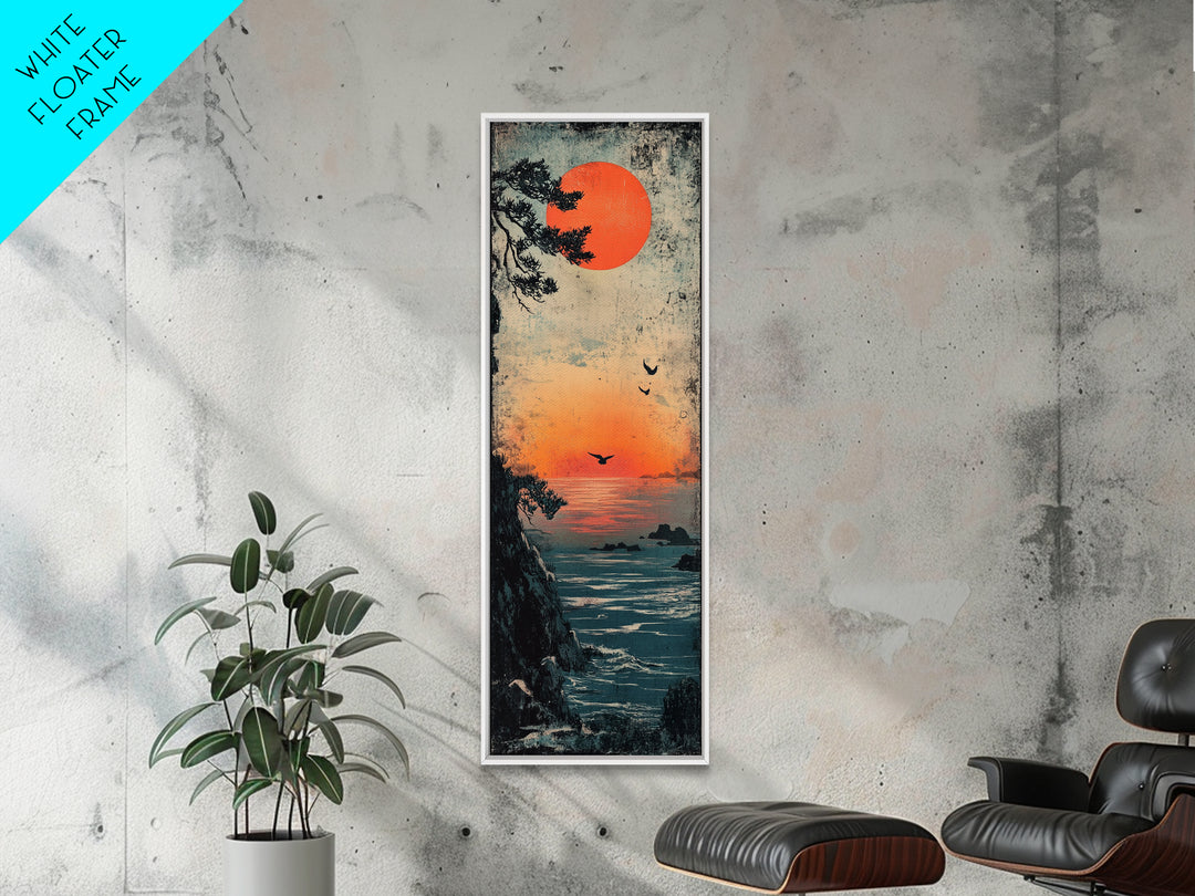 Coastal Cliff Red Sun Framed Canvas Print, Japanese Seascape Wall Art, Moody Ocean Decor, Bird Poster For Bedroom Or Office