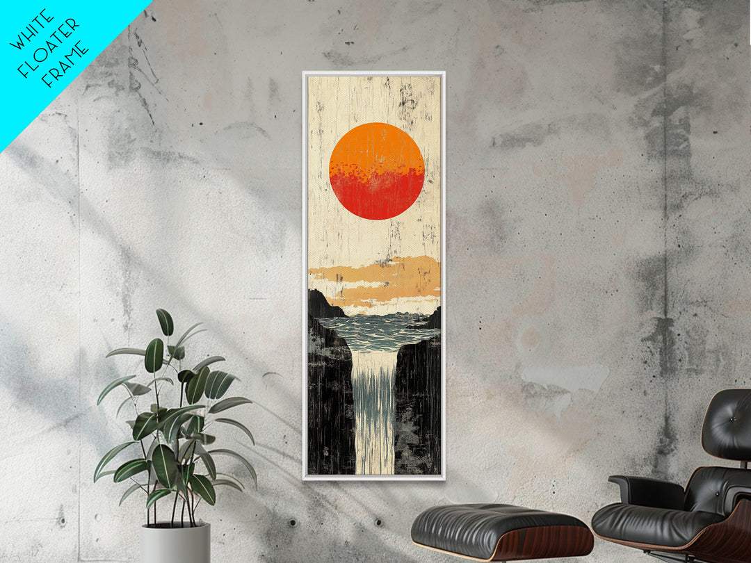Orange Sun Waterfall Canvas Print, Japanese Cliff Landscape Wall Decor, Nature Poster, Wabi Sabi Art For Bathroom Or Office