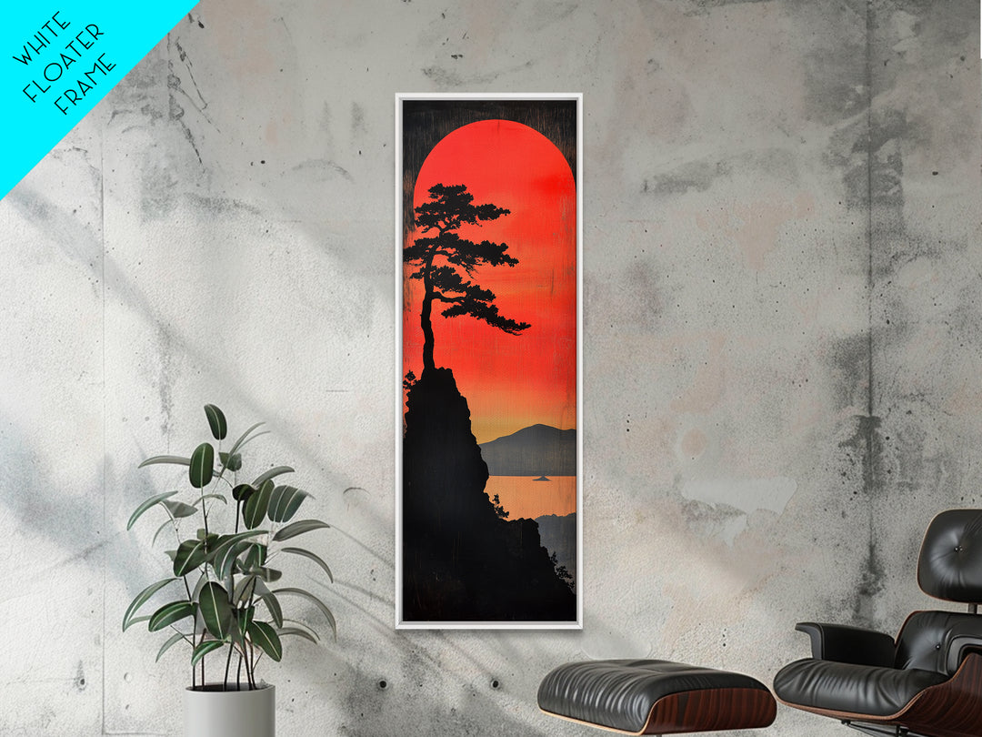 Pine Silhouette Red Sun Wall Art, Japanese Lake Landscape Print, Moody Nature Decor, Long Narrow Canvas For Modern Living Room