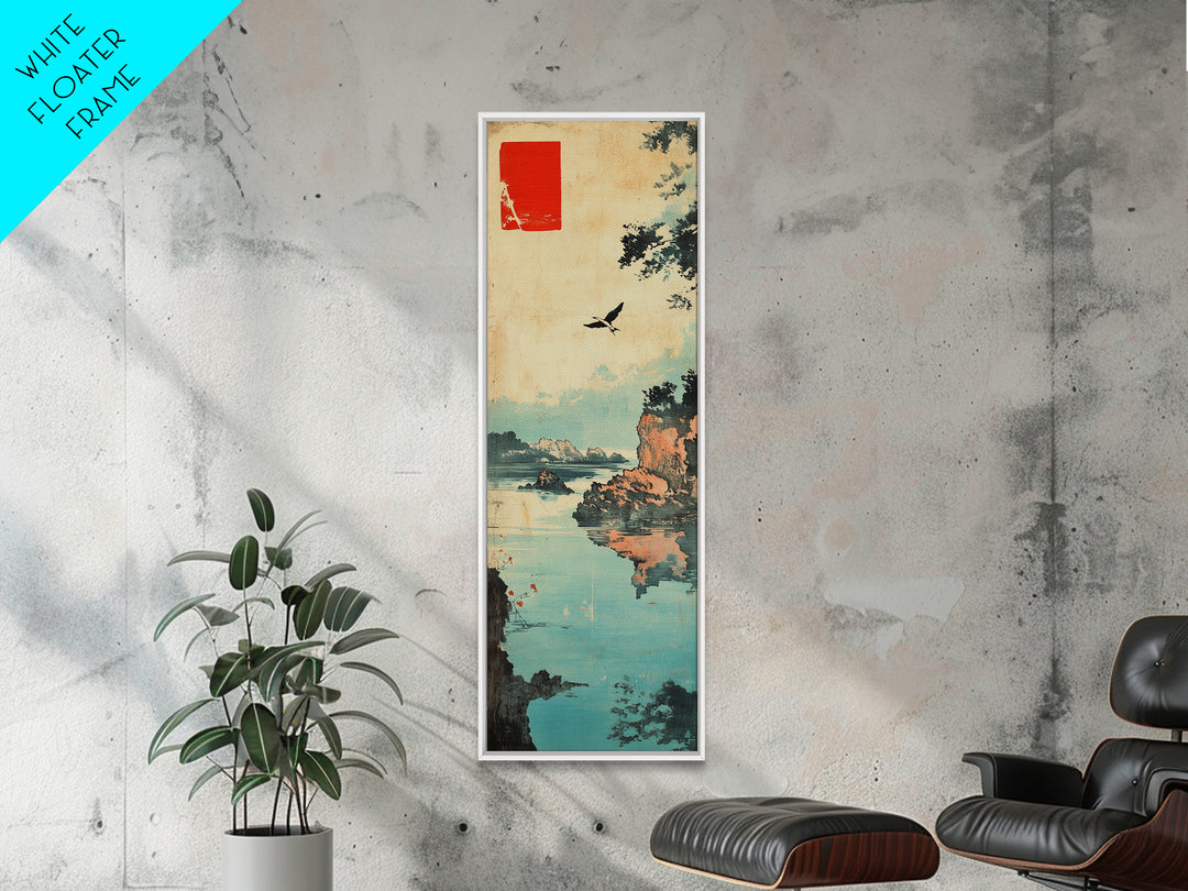 Quiet Japanese Coast With Bird Wall Art, Ukiyo E Landscape Print, Asian Inspired Decor, Tranquil Lake Home Decor For Living Room
