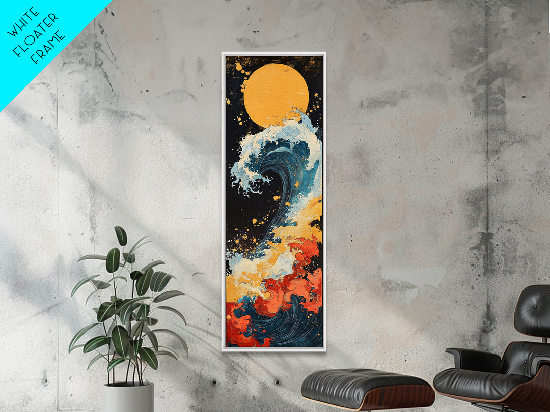 Golden Moon Ocean Wave Framed Canvas Print, Japanese Wall Art, Coastal Decor, Bold Ukiyo E Seascape For Modern Home Decor